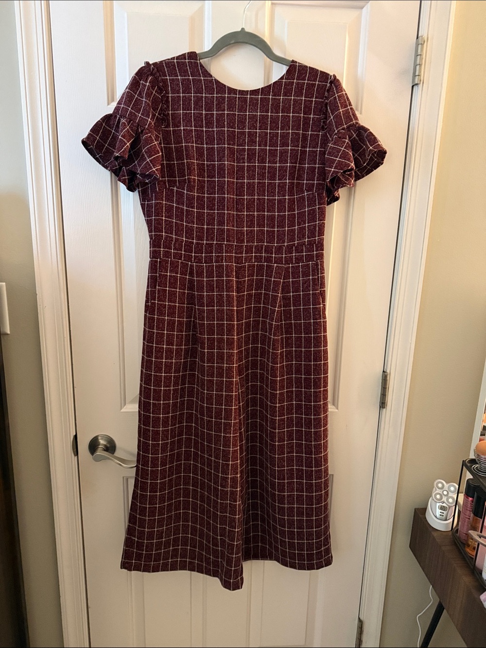 1901 Burgundy Windowpane Short-Sleeve Jumpsuit
